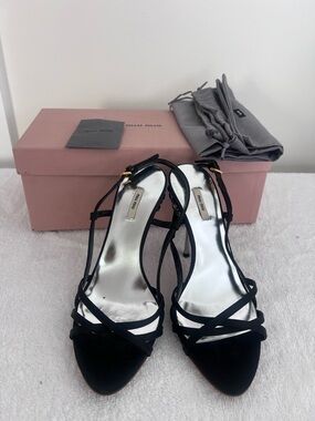 Miu Miu Black Suede Strappy Silver Insole High Heel Sandals